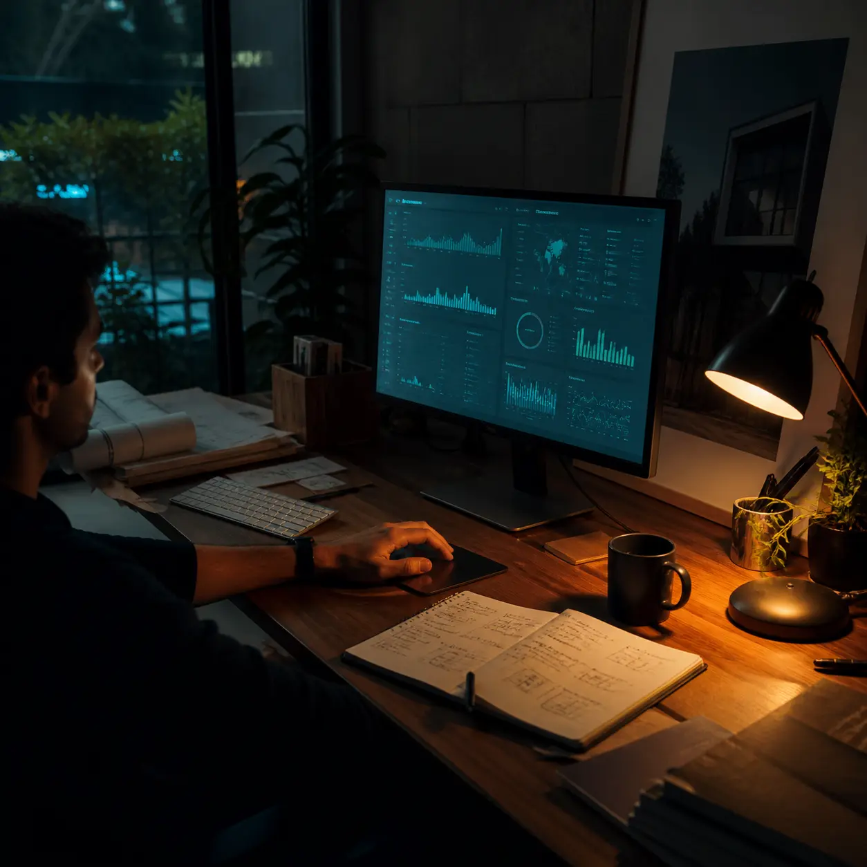 Persona concentrada frente a un monitor con tableros de datos, gráficos y un mapa, en un espacio de trabajo iluminado por una lámpara.